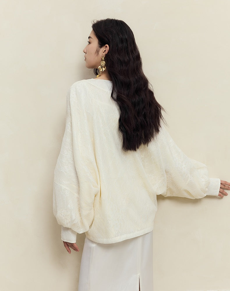 HECO Dolman Sleeve Mesh Lace Embroidery Shirt Top Women - hey.