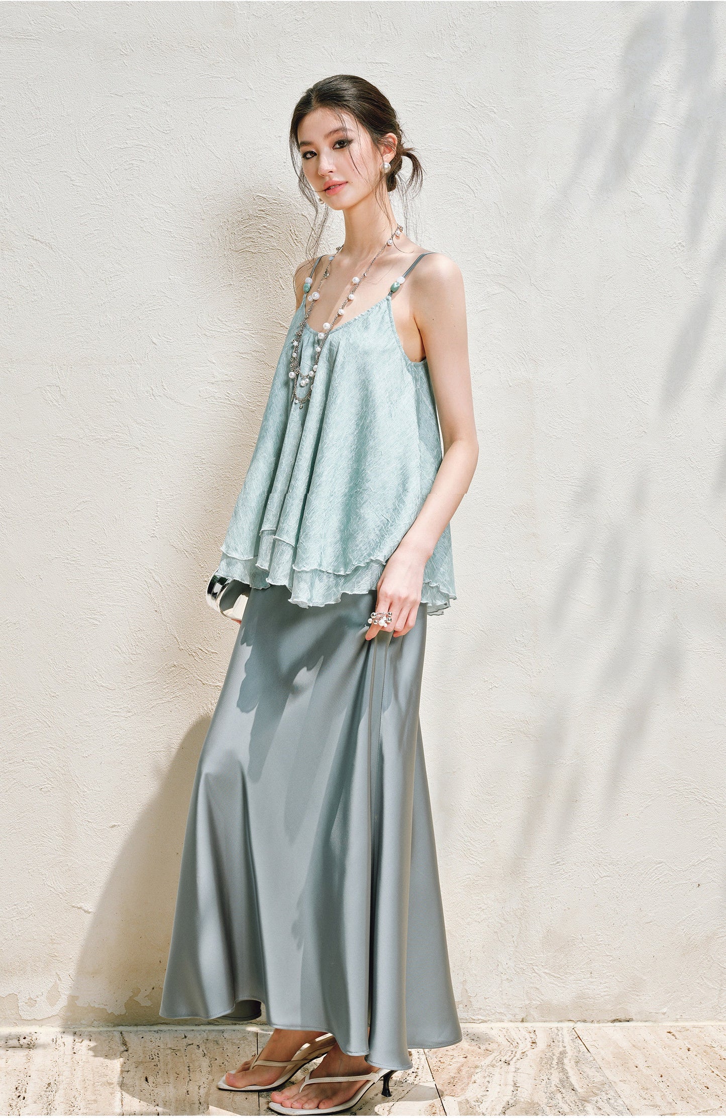 WANGXO | Silky Smooth Double-Sided Satin Top Glass Beaded Umbrella Hem Suspender Skirt Set -ELVA
