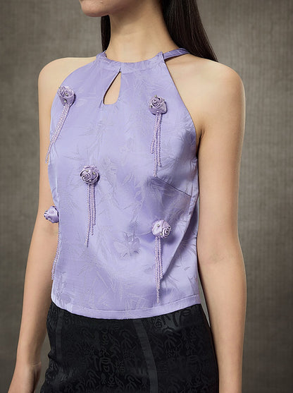 HECO Sleeveless Halterneck Handmade Rose Tassel Vest - BACK.