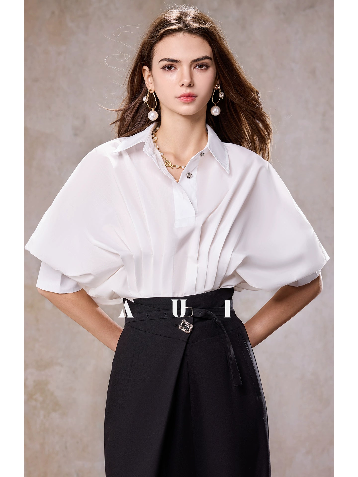 AUI design sense irregular polo collar blue shirt long sleeve top - RESORT.