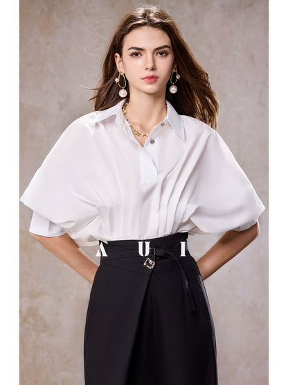 AUI design sense irregular polo collar blue shirt long sleeve top - RESORT.