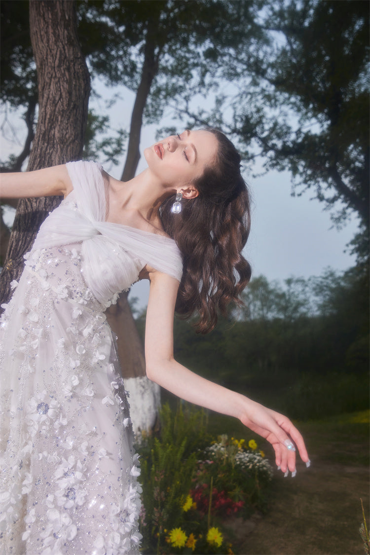 Spot Wardrobes by Chen Elegant White Embroidered applique  wedding Dress-Swiss