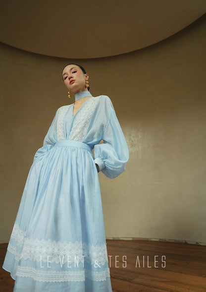LE VENT&TES AILES pastel blue elegant summer vacation  V-neck shirt skirt set -GWEN