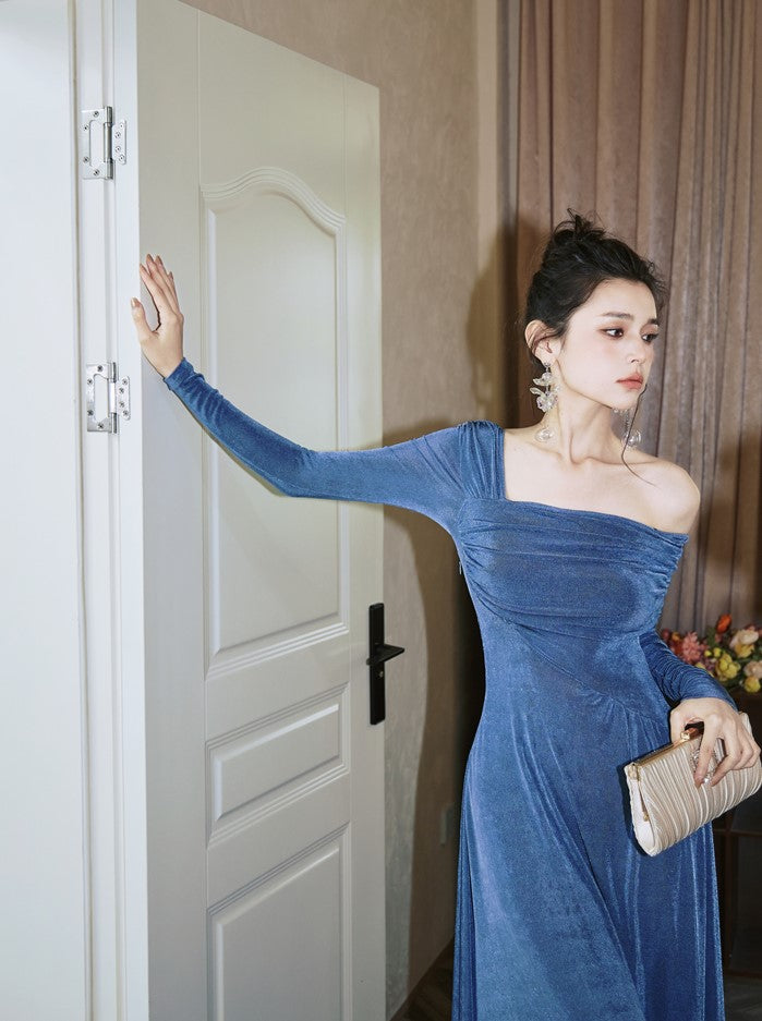 DOLLY Luxury Fog Blue Pleated Off Shoulder Slant Collar Long Sleeve Banquet Dress-MAYA