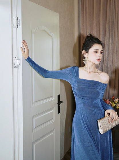 DOLLY Luxury Fog Blue Pleated Off Shoulder Slant Collar Long Sleeve Banquet Dress-MAYA