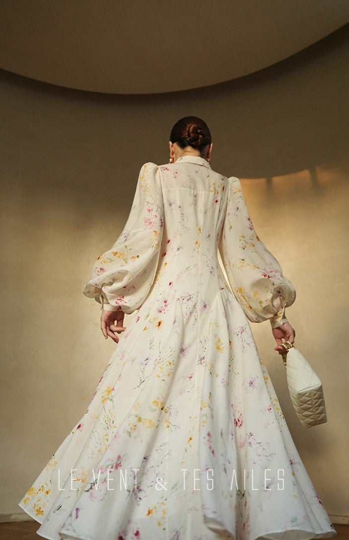 LE VENT&TES AILES Luxury summer vacation floral print Fancy Midi Dress-ZOE