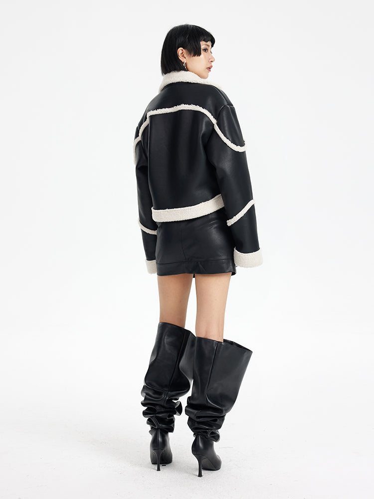 TINY IN black and white contrasting stitched fur leather biker jacket -MIKE