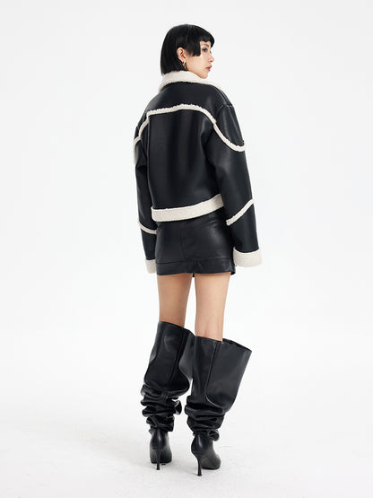 TINY IN black and white contrasting stitched fur leather biker jacket -MIKE