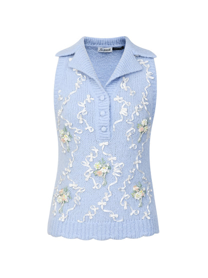 FAME Beaded Plate Floral Knitted Top Lapel Vest - ELOWEN