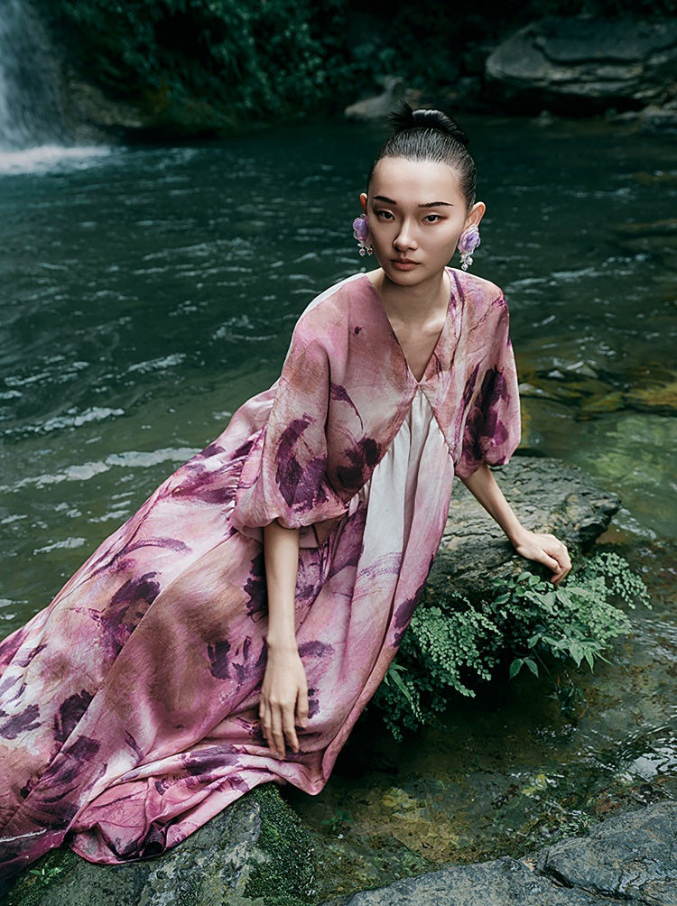 HECO Chinese Silk V-neck Dress Summer Elegant Floral Slim Long dress - GINE .