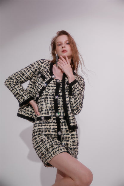 Wardrobes by Chen High End plaid twee Diamond Button Jacket mini dress- Kaya