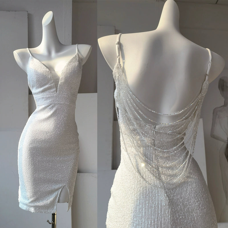 DOLLY Elegant Deep V-Neck Sleeveless Sequin Long Slim Fit Evening Dress-IVONNE