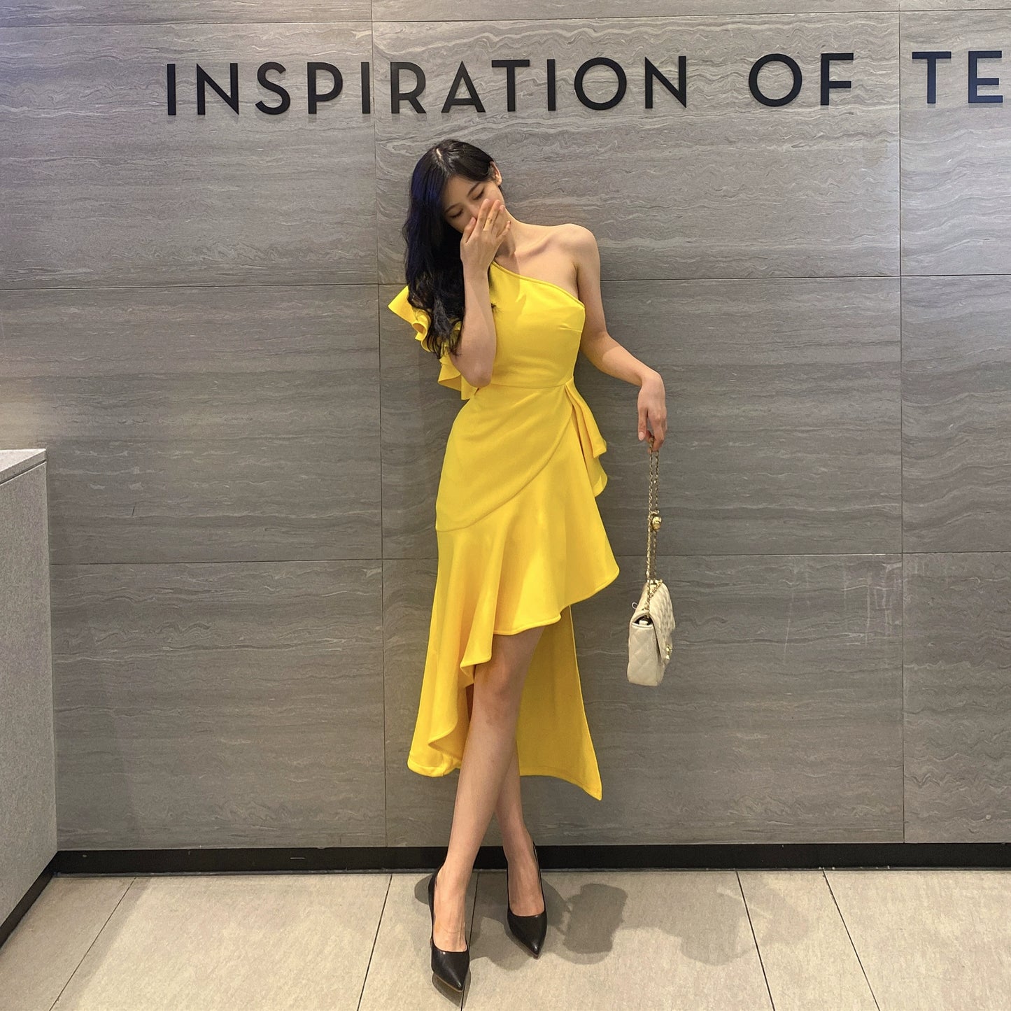 DOLLY Elegant Slant Collar Ruffle Sleeve Slim Fit Midi Irregular Skirt Party Dress-GANGA