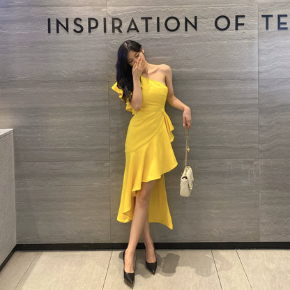 DOLLY Elegant Slant Collar Ruffle Sleeve Slim Fit Midi Irregular Skirt Party Dress-GANGA