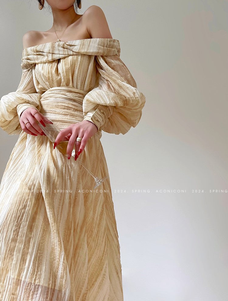 Aconiconi Elegant Wave Pattern Long Sleeve Loose Wedding Guest Dress- Dune