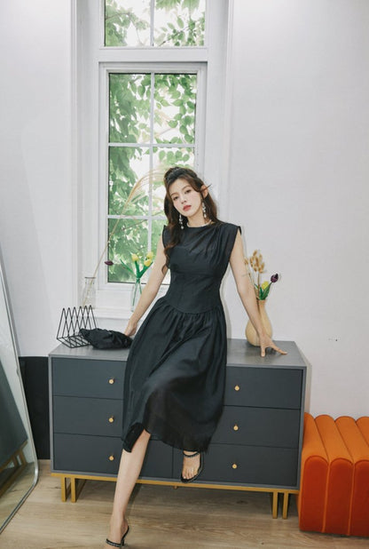 DOLLY High End Black Retro Flying Sleeve Pleated High Waist Midi Office Dress-BRANCA