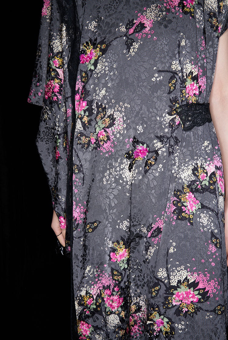 M essential Mackay designer cherry blossom print beaded asymmetrical dress - WORDS.