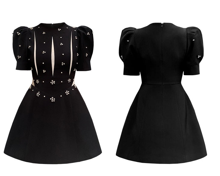 CHECOCRE summer new commuter open waist puff sleeve heavy industry beaded dress - TUOR