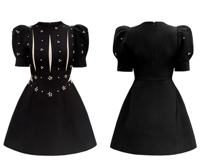 CHECOCRE summer new commuter open waist puff sleeve heavy industry beaded dress - TUOR