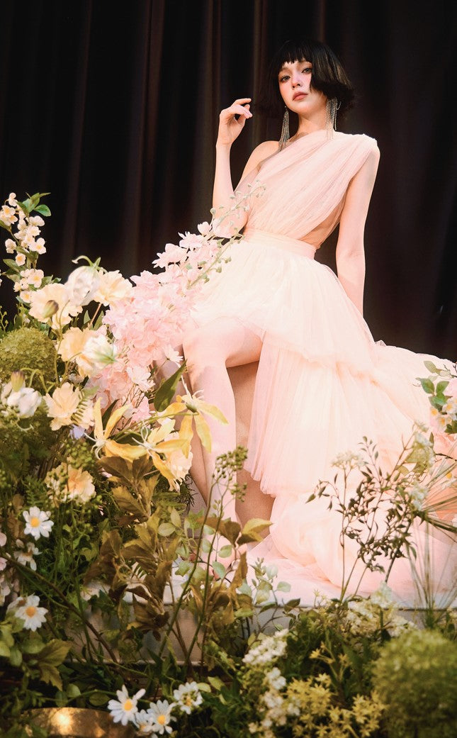 DOLLY Elegant Peach Mesh Off Shoulder Sleeveless High Waist Tutu Dress-MEDUSA  (V)