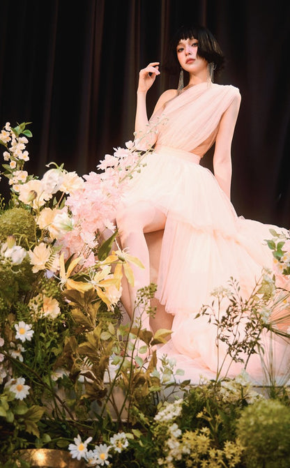 DOLLY Elegant Peach Mesh Off Shoulder Sleeveless High Waist Tutu Dress-MEDUSA  (V)