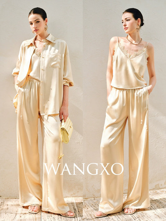 WANGXO | Hemp-Textured Acetate Satin  ight Luxury Lace Suspender, Shirt & Trousers Three-Piece Set- SARI