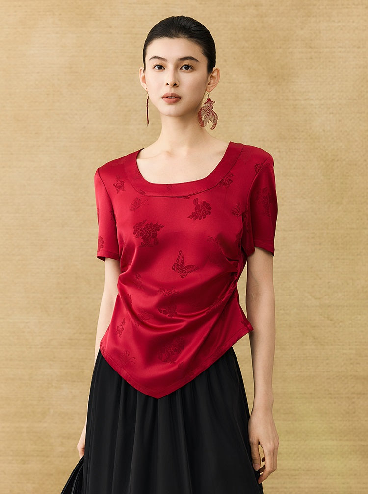 HECO Chinese Acetate Small Square Neck Short Sleeve Top- BEAK.