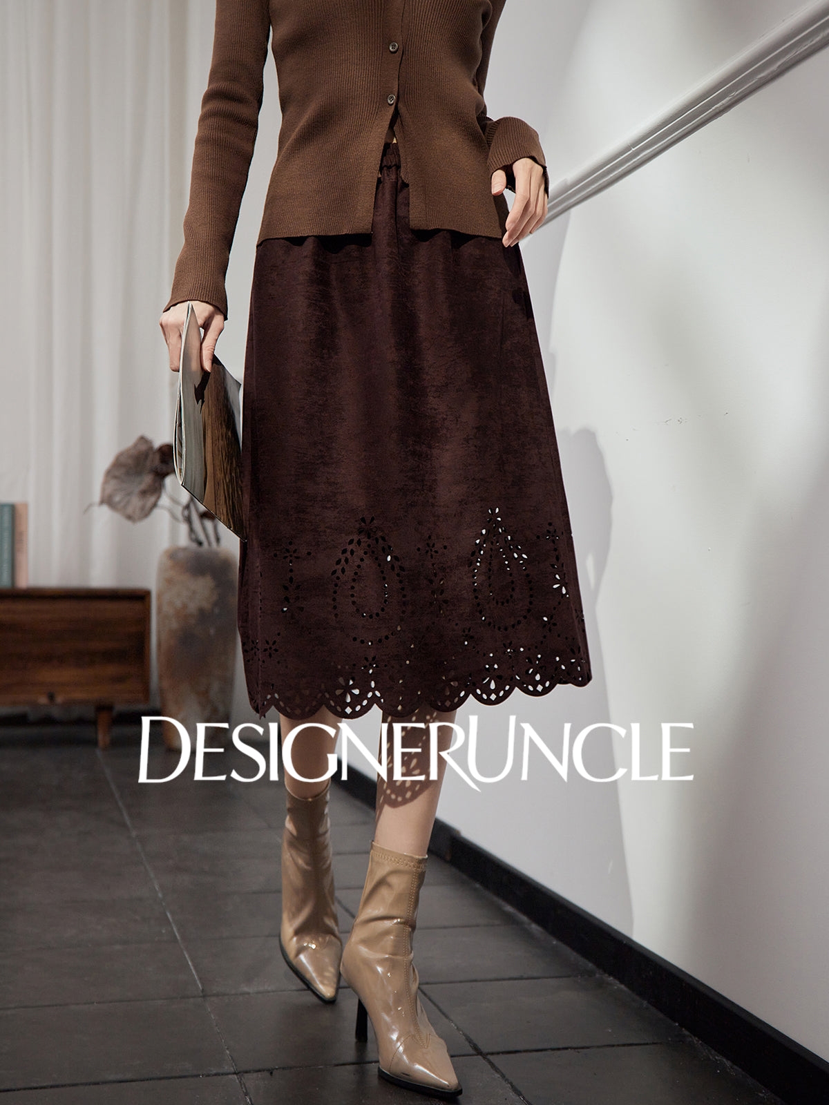 DGU|Floral Coffee Color New Hollow Design Versatile Slimming and Skirt - BLED.