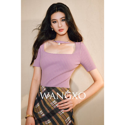 WANGXO | Phantom Shiny Silk with Hemp Retro Square Neck Slim Ribbed Knit Short Sleeve Top -ZARA