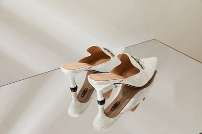 B-FEI Feather Rhinestone White small heels Mule Shoes - POLZ.
