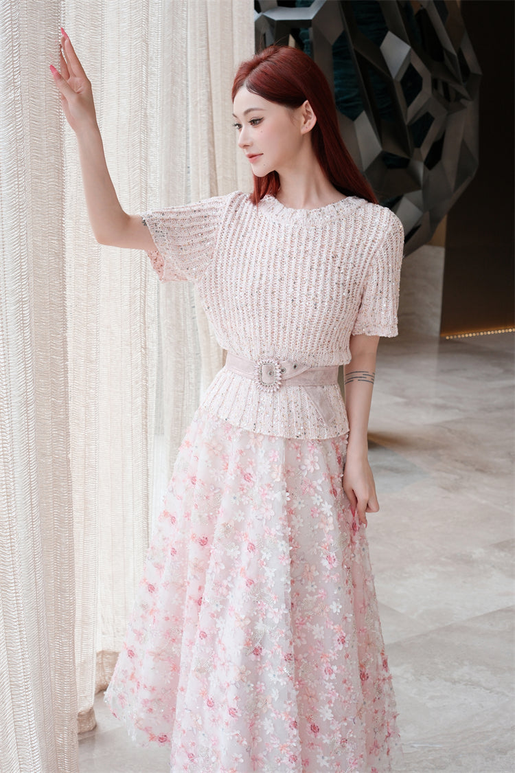 Wardrobes by Chen Elegant Pink Sequin Embroidered Long midi Skirt - Jiaa