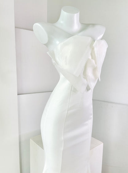 DOLLY Elegant White French Style Big Bow Long Fish Tail Cocktail Dress-FREYA