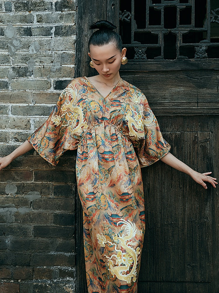 HECO Chinese Waist Cinched V-Neck Dress - QIN