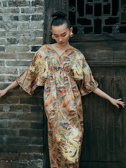 HECO Chinese Waist Cinched V-Neck Dress - QIN