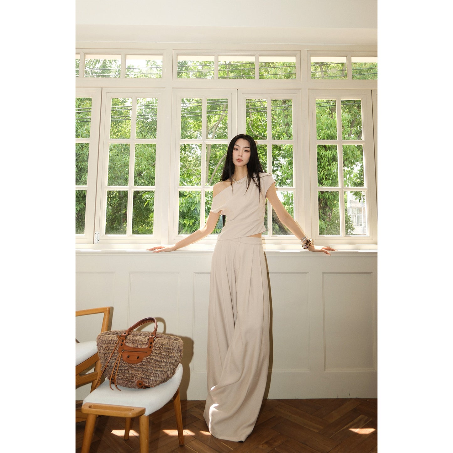 MEI SANGUAN slant neck top and wide-legged casual pants two-piece set- EMBER