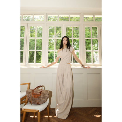 MEI SANGUAN slant neck top and wide-legged casual pants two-piece set- EMBER
