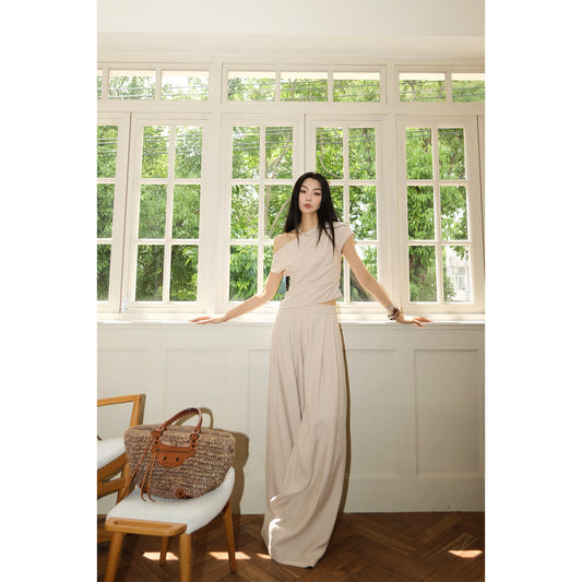 MEI SANGUAN slant neck top and wide-legged casual pants two-piece set- EMBER