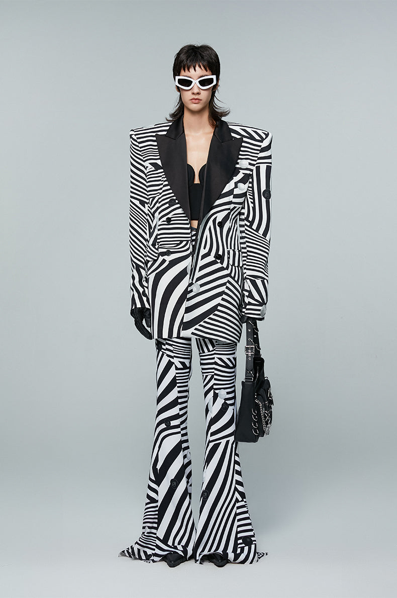 ANNAKIKI black and white contrasting special-shaped striped bootcut trousers for women-HIRANO