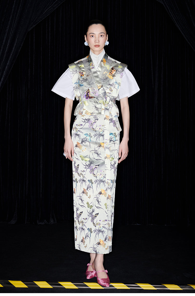 M essential Mackay designer butterfly beaded quilted cottonskirt vest shirt set - toes.