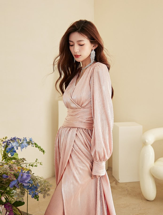 DOLLY Elegant Retro Gold Deep V-Neck Long Puff Sleeve Long Slit Award Dress-HUGO