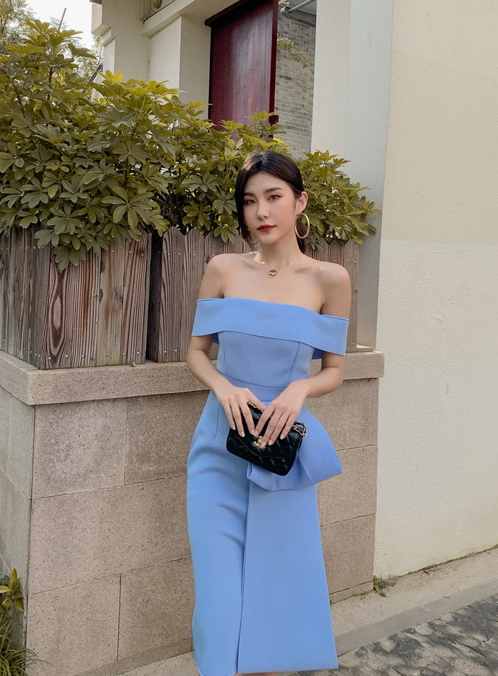 DOLLY Elegant Blue Sleeveless Off Shoulder Chest Wrap Midi Dinner Dress-DARA