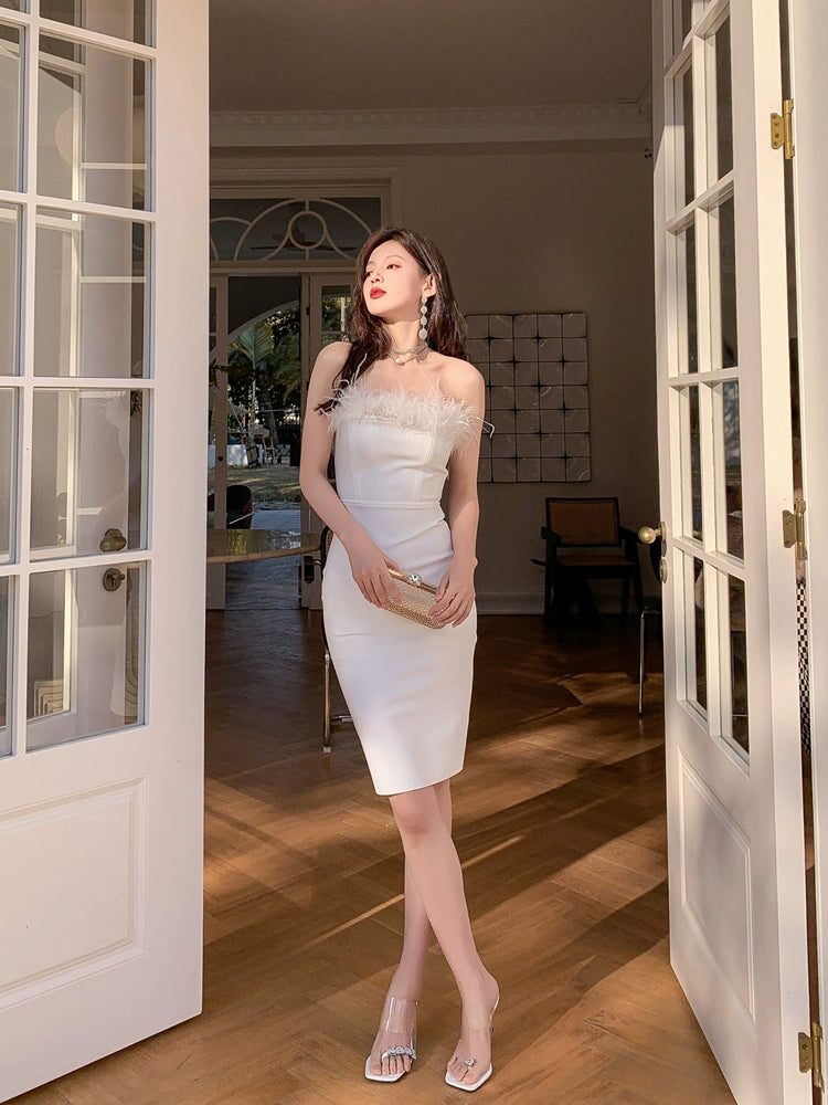 DOLLY Elegant Off Shoulder Feather Tube Top Slim Fit Dinner Date Dress-NANA