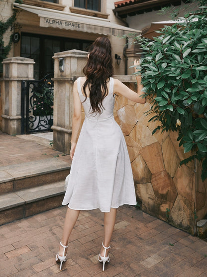 DOLLY Luxury White Retro Style Sleeveless Pleated Midi Suspender Dinner Dress-EUDORA