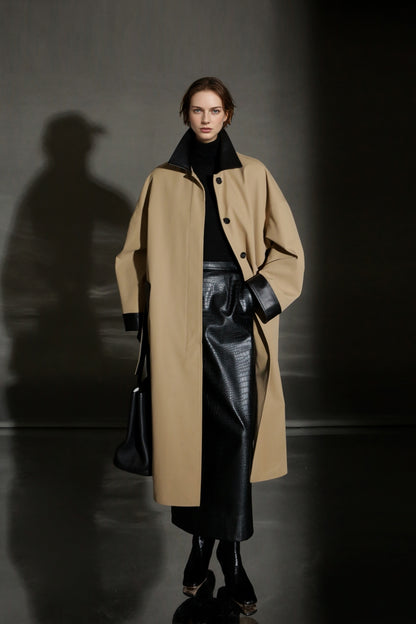 PIAOIN sheepskin stitched collar design sense trench coat women's unisex style-DEX