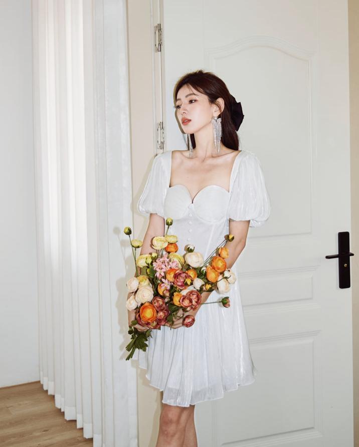 DOLLY Elegant Square Collar Short Sleeve Corset Top Backless Midi A-Line Dress-GISELA