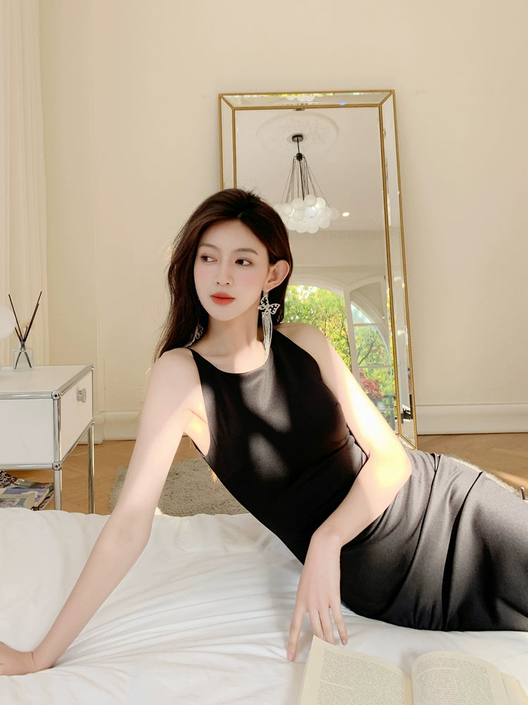 DOLLY Elegant Black Sleeveless Slim Fit Pleated Waist Long Birthday Dress-JUDY