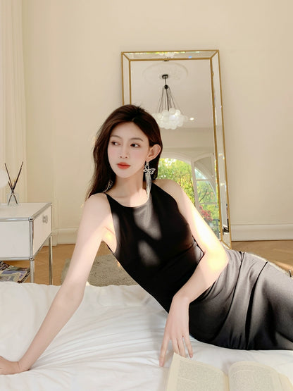 DOLLY Elegant Black Sleeveless Slim Fit Pleated Waist Long Birthday Dress-JUDY