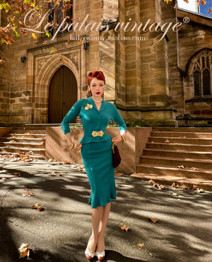 Le Palais Blue Knit Comfortable  Cardigan Mermaid Skirt Set-NIK