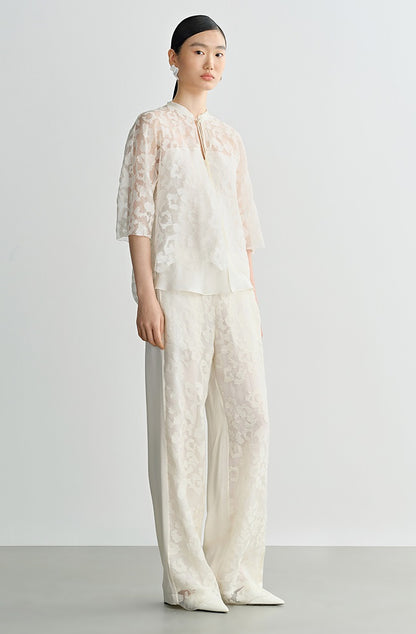 COMME MOI Silk Embroidered Panelled Straight white Pants - ISAIAH.