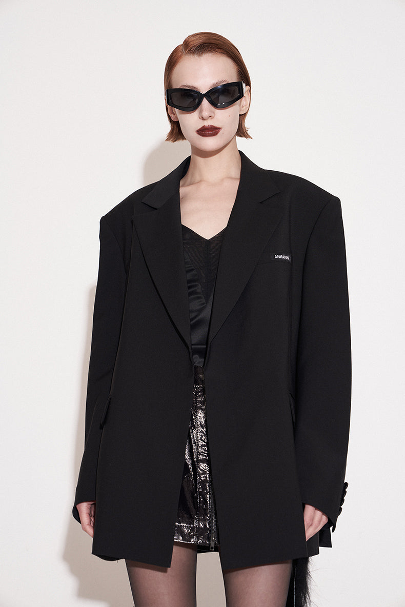 ANNAKIKI Niche Designer Black Wool Mottled Print Blazer Jacket-MATSUKI